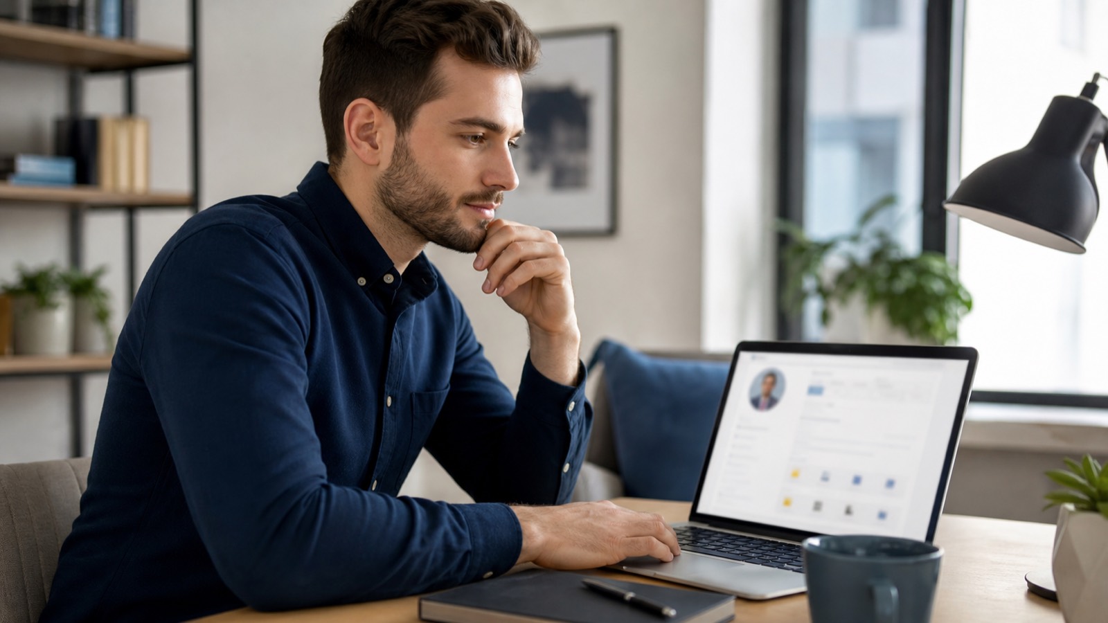 Professional reviewing an online career profile before outreach